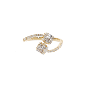 14K Yellow Gold <b>Open</b> Wrap Diamond <b>Ring</b> with Dual Baguette-Cut Square Diamonds Elegant Modern Statement Jewelry - Product Image 1