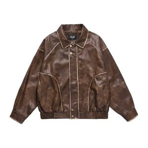 Chaqueta de Cuero Marrón de Alta Calidad con Diseño Nuevo, Chaqueta de Motociclista Retro Americana con Solapa Desgastada, Chaqueta de Cuero PU para Hombre - Product Image 1