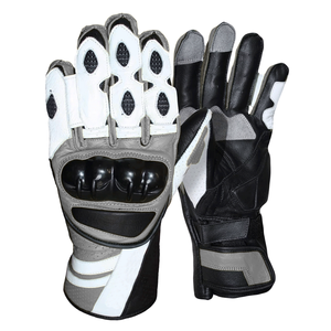 Real Leather Full Gauntlet Grey & White Motorbike Gloves Motorcycle Auto Racing Wear Full Finger Touchscreen Unisex Gloves - Product Image 1