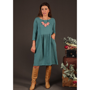 Robe bohème Avery 100% coton vert marin, streetwear décontracté, longueur genou, motif uni, tissée, lavable pour le printemps, l'été et l'automne - Product Image 3