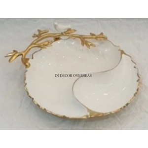 Irregular Shape Luxurious Quality Metal <b>White</b> Color Powder Coating With Gold Plated Gingko Leaves Designer <b>Serving</b> & Decor <b>Bowl</b> - Product Image 2