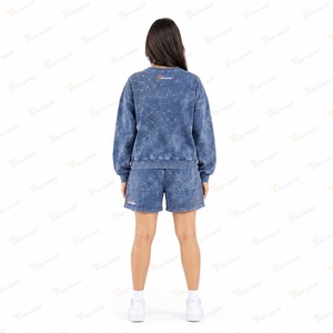 Ensemble 2 pièces short et haut pour femme, tie-dye, à sequins, col rond, manches longues, strass, délavé à l'acide, coupe décontractée ample, printemps-été, en coton tricoté - Product Image 6