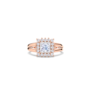IGI Certified Princess Cut Lab Grown Diamond Halo <b>Split</b> Shank Engagement-Wedding <b>Ring</b> in 9K Yellow / White & Rose Gold - Product Image 1