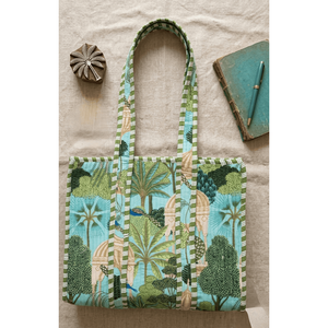 Mughal Garden Quilted Canvas Tote <b>Handbag</b>-Teal <b>Small</b> with Zipper Eco-Friendly & Handmade - Product Image 1