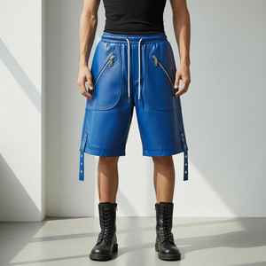 Men Electric Blue Cotton Casual Mid-Rise Solid Vintage Breathable Quick Dry Knitted Handmade Genuine Drawstring <b>Shorts</b> with Zips - Product Image 1