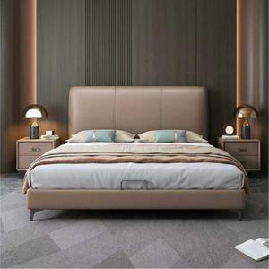 Lit plateforme <span class=keywords><strong>à</strong></span> cadre étroit style crème, minimaliste italien, revêtu de cuir véritable, taille Queen, structure KD - Product Image 1