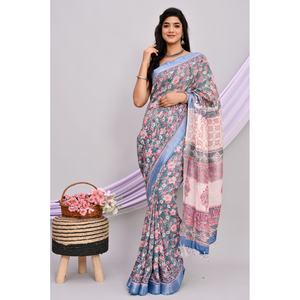 Sari de Lino y Algodón con Estampado a Mano, Transpirable y con Diseño Pintado a Mano - Product Image 1