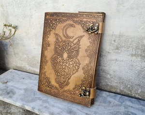 Hibou en relief noir pierre oeil A3 Journal fait à la main en cuir carnet de croquis pont bord spirale papier cahier fil selle couture - Product Image 1