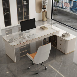 Modern Luxury <b>L</b>-<b>Shaped</b> Executive <b>Desk</b> with Polished Sintered Stone Top MFC Material Computer <b>Desk</b> - Product Image 1