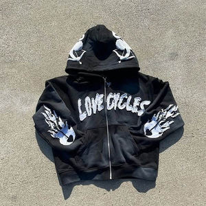 Haute Qualité Strass Conception Broderie Survêtements Zip Soleil Délavé Polyester/Coton Mélange Baggy Impression Hiver Streetwear - Product Image 4