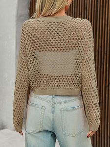 Tops cortos de ganchillo para mujer para verano, manga larga, malla de punto, cubierta de playa, cuello redondo calado, camiseta sin mangas - Product Image 4