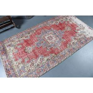 Alfombra Turca Vintage, Alfombra de 3.6x6.9 pies, Alfombra Floral Roja y Azul - Product Image 2