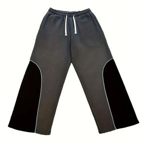 En gris con contraste de color negro Moda Streetwear Pantalones de chándal holgados, pantalones de mezcla de algodón de ajuste relajado - Product Image 2