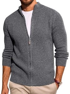 Nouveau style automne-hiver : Cardigan en maille zippé, couleur unie, col montant, coupe ajustée, décontracté, anti-boulochage, épais pour homme - Product Image 3