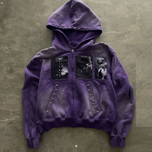Personalizado de alta calidad gráfico de gran tamaño de algodón de diamantes de imitación sudaderas con capucha desgastadas Zip Up recortada Sudadera con capucha de los hombres Fabricantes - Product Image 1