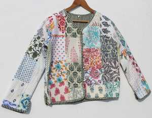 Chaqueta acolchada de algodón para mujer, Kimono abierto frontal, ribete a rayas, chaqueta acolchada hecha a mano con borde crudo, abrigos, chaqueta bohemia de nuevo estilo - Product Image 3