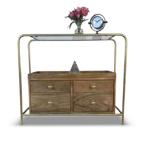 Mesa de sofá rectangular de METAL, almacenamiento de vidrio en nogal - Product Image 1