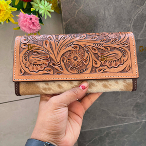 Women's Vintage Cowhide Fur <b>Leather</b> Clutch <b>Wallet</b> Hand Tooled & Carving Fashionable <b>Real</b> <b>Leather</b> Purse - Product Image 1