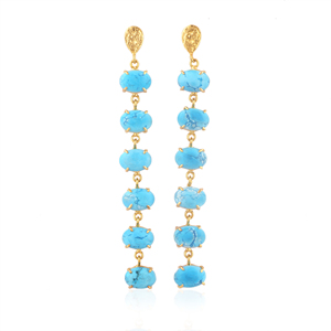 Bijoux de soirée, boucles d'oreilles longues ovales en turquoise bleue, plaquées or, serties à griffes, bijoux de créateur pour femmes - Product Image 5