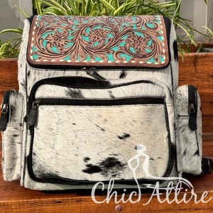 Tas ransel Laptop hadiah mandi bayi baru tas popok uniseks pola kulit sapi pirus Barat rambut pada tas popok kulit - Product Image 1