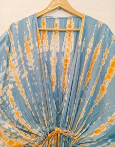 ชุดเดรสเรยอนมัดย้อมสีน้ําเงินและสีเหลืองที่น่ารักชุดเดรสสไตล์ Kaftan พร้อมเข็มขัดคอวียาวสาวและชุดสตรี - Product Image 6