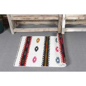 Alfombra Turca Vintage de 1.9x4 pies, Alfombra Pequeña, Alfombra de Lana Blanca con Camuflaje Rojo - Product Image 5