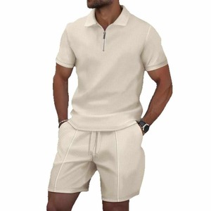 Camiseta de manga corta con cuello de Color sólido y cremallera de gofre para hombre, conjunto informal, ropa de verano para hombre - Product Image 2