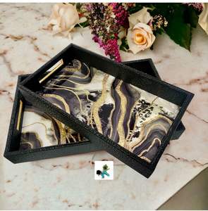 Plateau de service rectangulaire rustique vintage, décor élégant à la maison, plateau de service en bois et résine d'Inde - Product Image 2