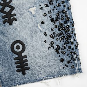 Shorts en jean personnalisés pour femmes, strass, streetwear, coupe régulière, délavé, taille haute, braguette boutonnée, polyester/coton, OEM - Product Image 3