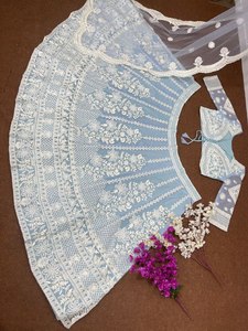 DESIGNER BRIDAL WEAR <strong>HEAVY</strong> SOFT ORGANZA CHINE SEQUINS WORK LEHENGAS WITH <strong>DUPATTA</strong> - Product Image 4