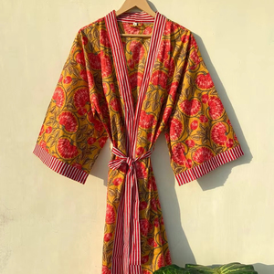Vestido kimono indio hecho a mano de algodón 100% para mujer, estampado Floral, ropa de dormir informal de verano, Bikini para vacaciones en la playa, abrigo para otoño - Product Image 1