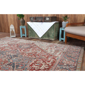 Alfombra Vintage de 7.8x9.4 pies, Alfombra Turca Extra Grande, Alfombra de Lana Geométrica Roja y Azul - Product Image 5