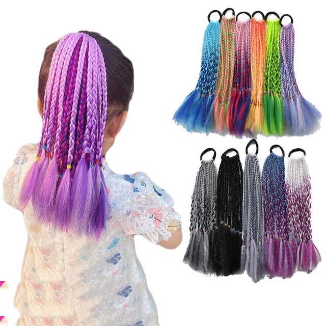Colored Braids Hair Extensions with Rubber Bands Rainbow Braided Synthetic Hairpieces Ponytail Hair Accessories for girls