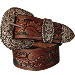 High Quality <b>Western</b> New Vintage Floral Brass Antique Engraved Buckle Genuine Cowhide <b>Western</b> Leather Hand Tooling <b>Belt</b> for Men - Product Image 3