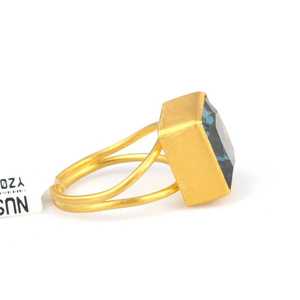 24K <b>Gold</b> Square Aquamarine <b>Ring</b> Handmade Geometric Fine Jewelry with Radiant Cut Natural Stone and Invisible Setting Nusrettaki - Product Image 4