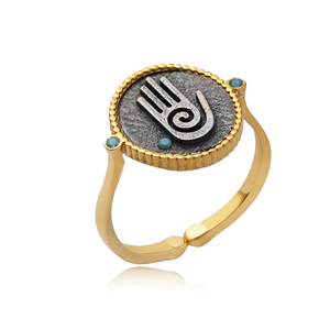 Anillo Ajustable Chapado en Oro Vintage con Símbolo Hamsa y Piedra Turquesa CZ, Hecho a Mano en Turquía, para Bodas, Aniversarios y Fiestas, Plata de Ley 925 - Product Image 3