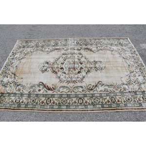 Alfombra turca clásica vintage de lana de retazos beige y verde con respaldo de látex hecha a mano, alfombras rectangulares de mesa auxiliar de 4 '9 "x 7' 3" - Product Image 3