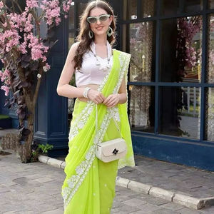 Diseñador indio paquistaní Georgette Saree con bordado Cutwork Border y satén Blusa sin costuras Fiesta Boda Desgaste Sari - Product Image 1