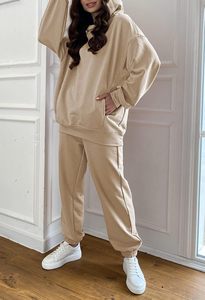 Ensemble de survêtement 2 pièces en polyester + spandex pour femmes pantalons de survêtement à capuche à manches longues joggeurs avec bouton décoration toile matériel - Product Image 2