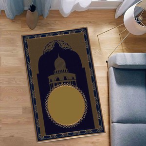 Blue & <b>Gold</b> Islamic Prayer Rug: Elegant Worship Rug,With Pile Soft Rug - Product Image 2