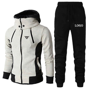 บล็อกสีที่กําหนดเองซิปเต็มเสื้อแขนยาวลําลอง Joggers เหงื่อชุดผู้ชายสไตล์ฤดูหนาวสีเทาอ่อน 2XL - Product Image 1