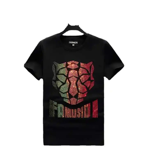 Camisetas de cuello redondo de algodón 100%, camisetas teñidas lisas con estampado de diamantes de imitación bordados a la moda con logotipo personalizado - Product Image 3