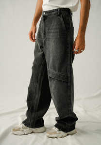 2025 tendance hommes coupe ample Baggy Denim pantalon noir pierre lavage respirant solide motif en gros approvisionnement en vrac - Product Image 3