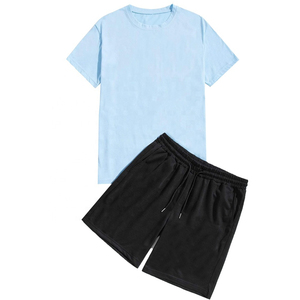 Ensemble T-shirt et short en polyester bleu pour homme, grande taille, col en V, décontracté, respirant, été, uni, OEM personnalisé - Product Image 1
