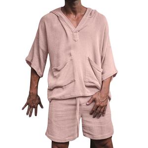 Ensemble deux pièces en coton et lin pour hommes, sweat-shirts à capuche, ensembles courts, couleur unie, vêtements de sport décontractés, vacances, 2026, coton respirant - Product Image 3