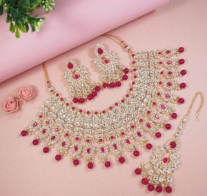 Latest Kundan Jewellery Traditional Gold Plated Kundan Studded & MotiPearl Jewellery <b>Set</b> With <b>Earrings</b> & Mangtika <b>Set</b> for Women - Product Image 3