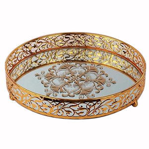 New Looking Metal <b>Tray</b> With Golden Handles Trendy Rounded Shape Handmade Designer <b>Snacks</b> & Water Serving <b>Trays</b> Use - Product Image 5