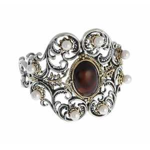 925 Sterling <b>Silver</b> Antique Byzantine <b>Cuff</b> <b>Bracelet</b> with Pearl and Tiger Eye Stone Fashionable and Elegant - Product Image 5