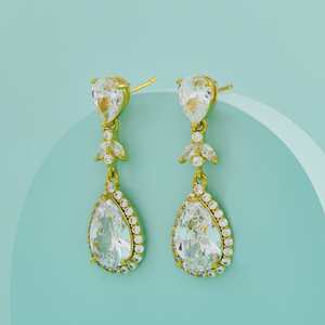 Boucles d'oreilles pendantes chic pour femmes, pour mariage - Plaqué or 7g, forme goutte d'eau, alliage de zinc 192773 - Product Image 1