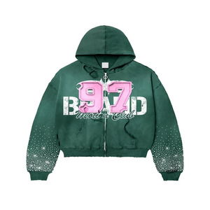 Sweat à capuche court personnalisé lavé à l'acide pour hommes en détresse Patch brodé avec ourlet brut Applique doublé Design ODM Supply - Product Image 1
